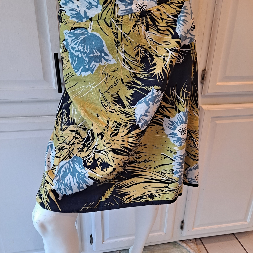 Ann Taylor A-Line Cotton Linen Floral Print Midi Skirt in Blue, Green